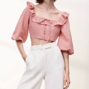 ZARA Red & White Striped Balloon Sleeve Crop Top